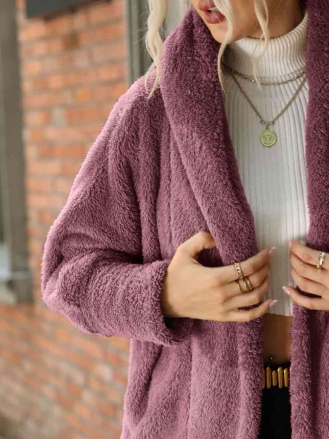Open Front Hooded Teddy Coat - AllIn Computer