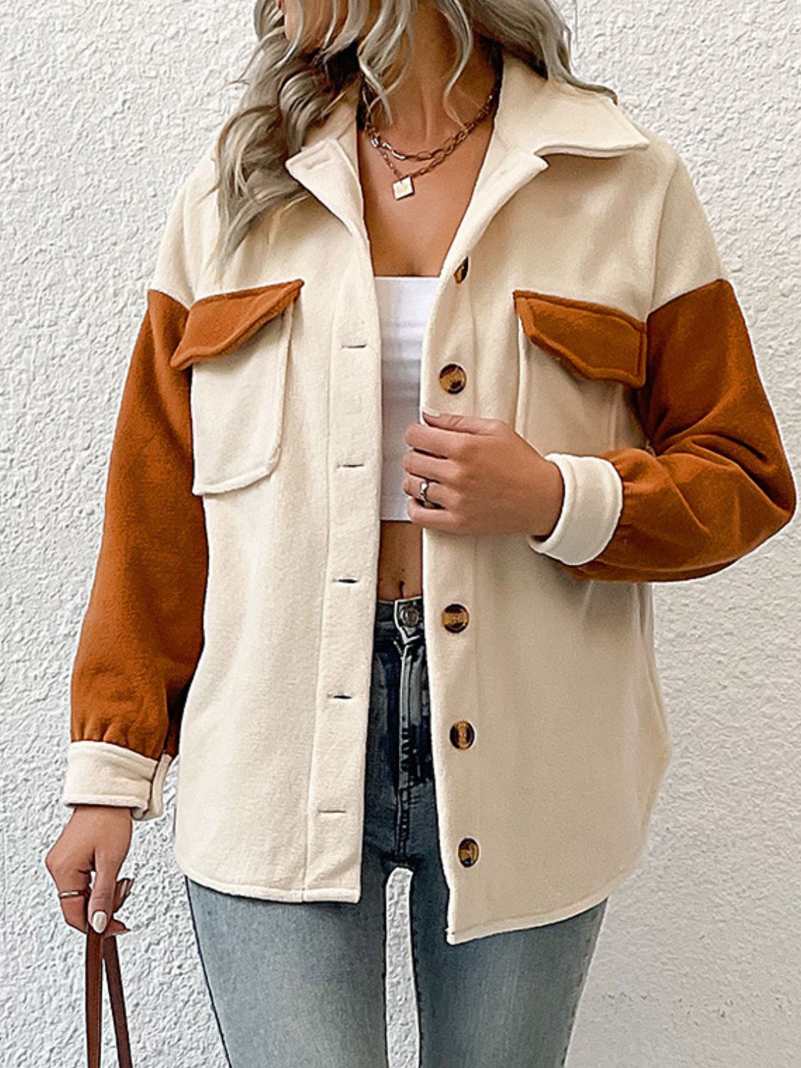 Double Take Contrast Button-Up Fleece Jacket - AllIn Computer