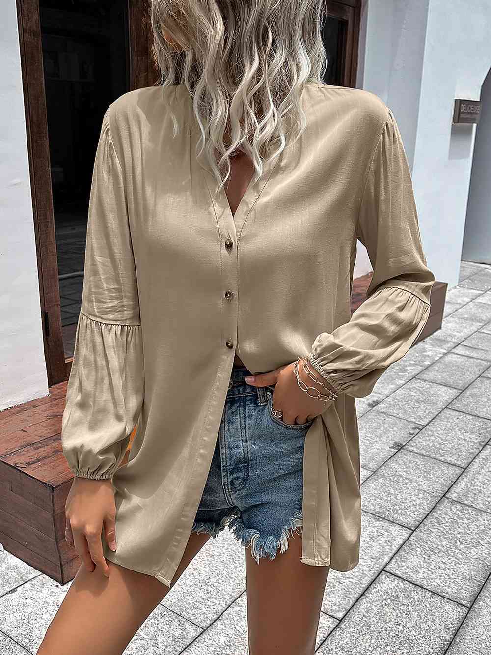 Double Take Notched Neck Balloon Sleeve Shirt - AllIn Computer