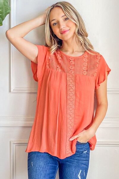 And The Why Lace Detail Ruffle Short Sleeve Blouse - AllIn Computer