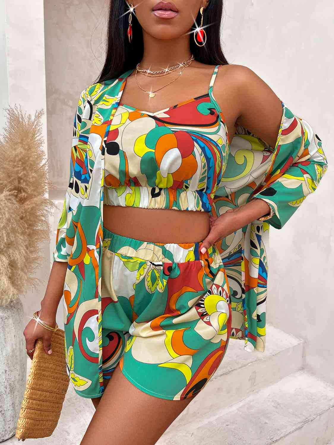 Printed Cami, Shorts, and Cardigan Set - AllIn Computer