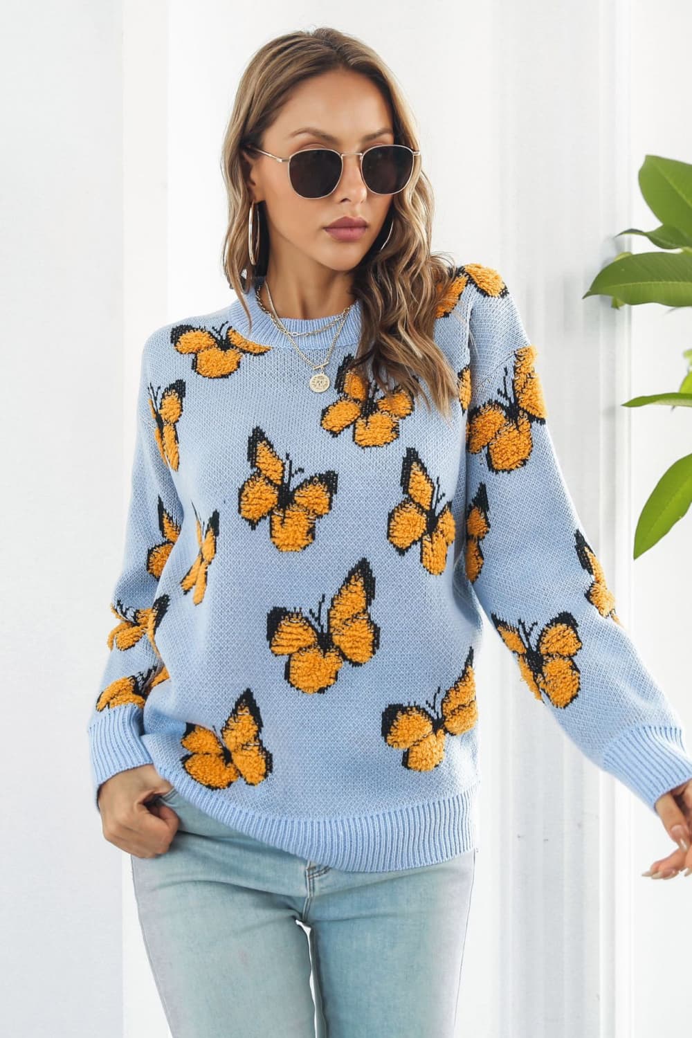 Butterfly Pattern Round Neck Dropped Shoulder Sweater - AllIn Computer