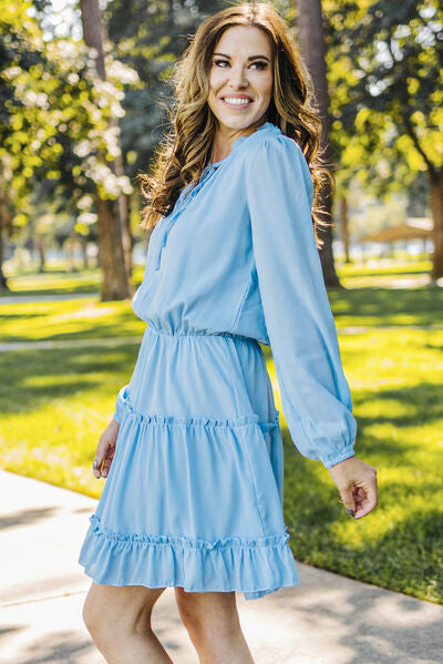 Frill Tie Neck Balloon Sleeve Dress - AllIn Computer