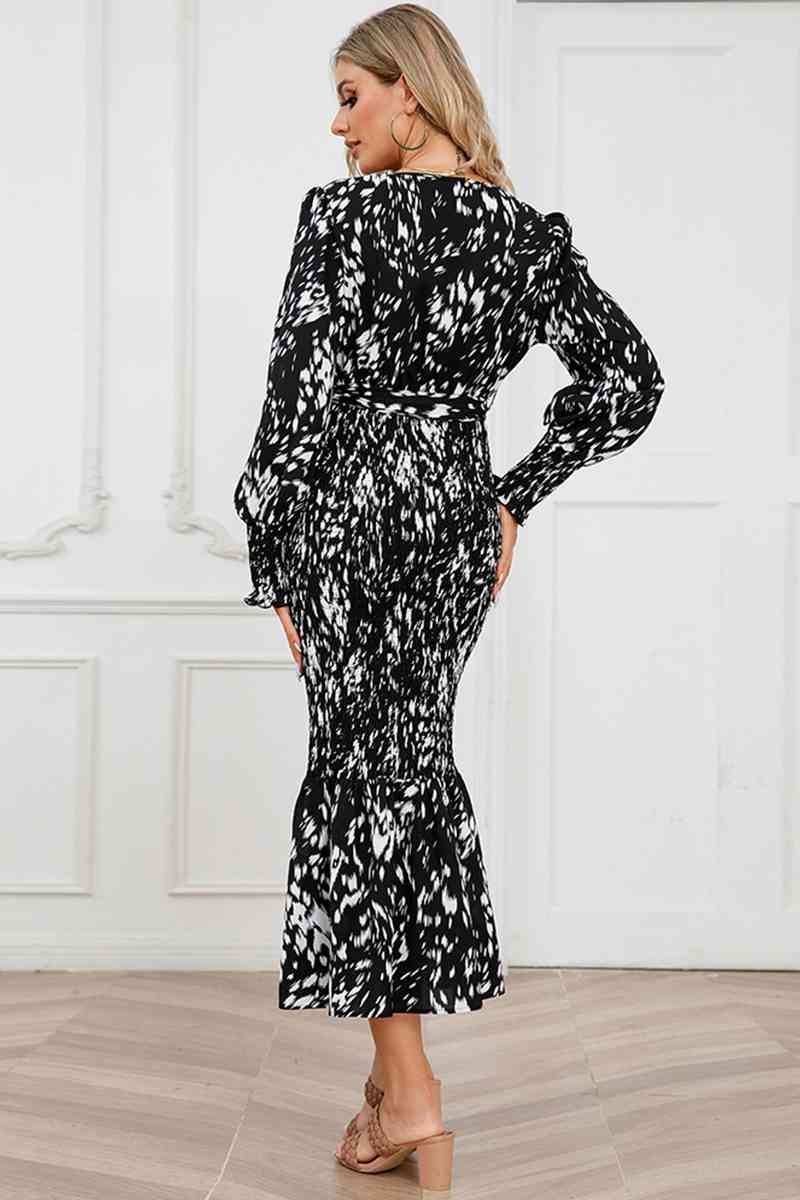 Printed V-Neck Smocked Midi Dress - AllIn Computer