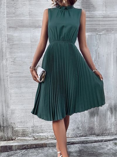 Pleated Frill Mock Neck Sleeveless Dress - AllIn Computer