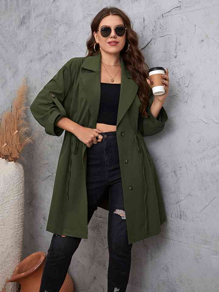 Plus Size Lapel Collar Roll-Tab Sleeve Trench Coat - AllIn Computer