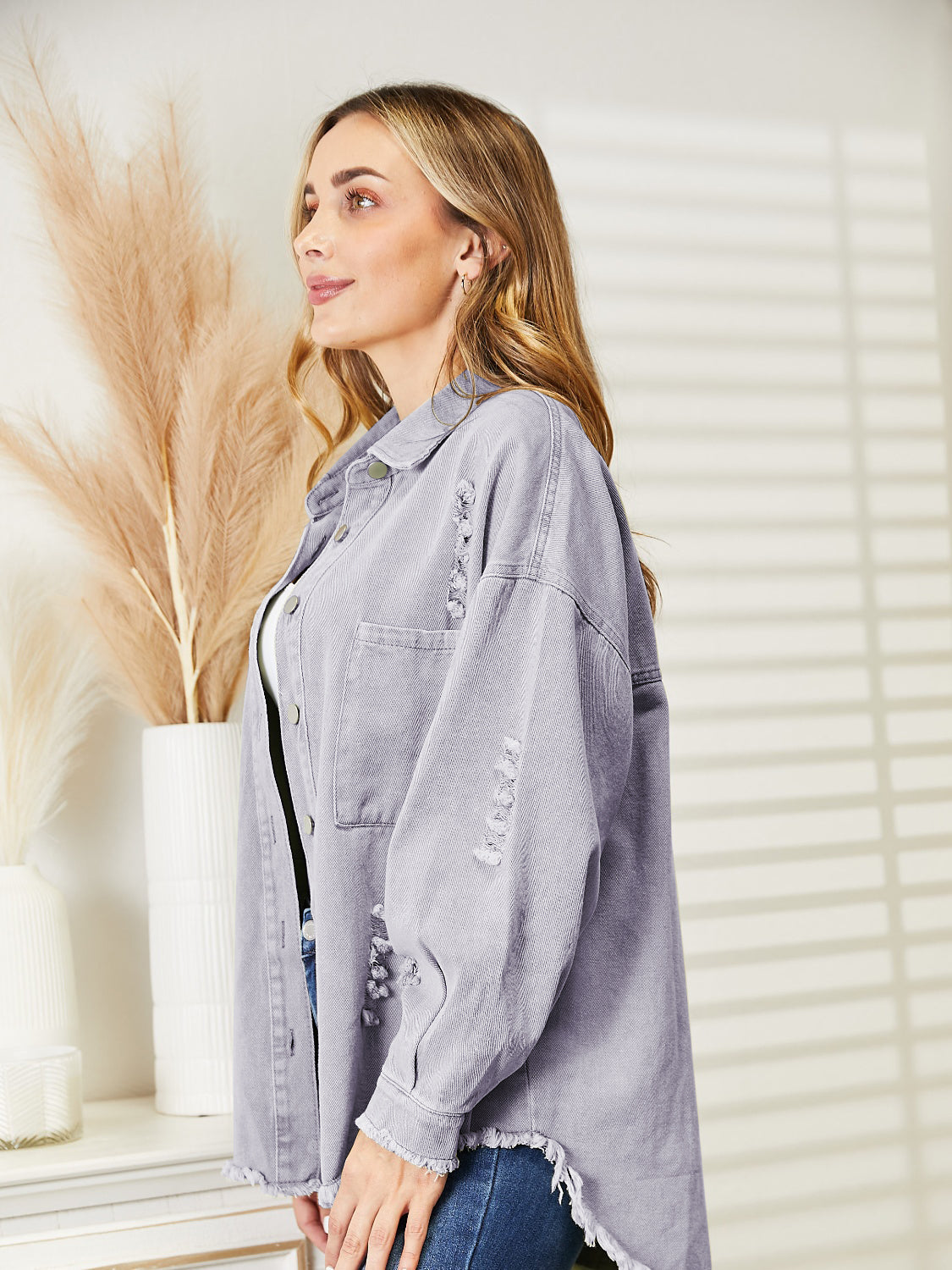 Distressed Raw Hem Denim Jacket - AllIn Computer