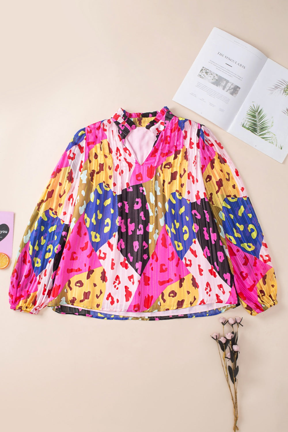 Printed Notched Long Sleeve Blouse - AllIn Computer