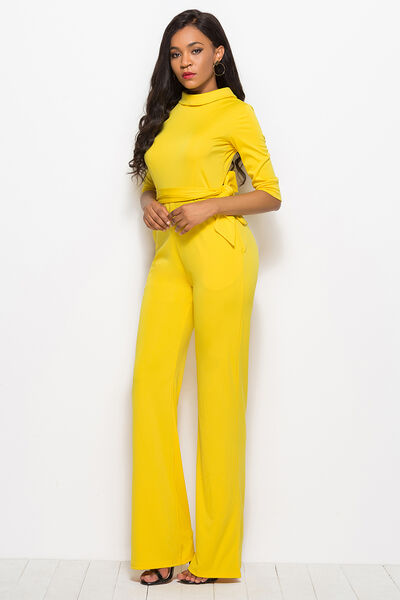Mock Neck Tie-Waist Half Sleeve Jumpsuit - AllIn Computer