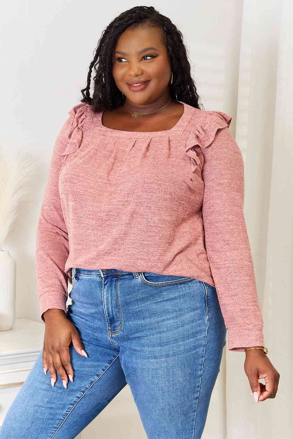Double Take Square Neck Ruffle Shoulder Long Sleeve T-Shirt - AllIn Computer