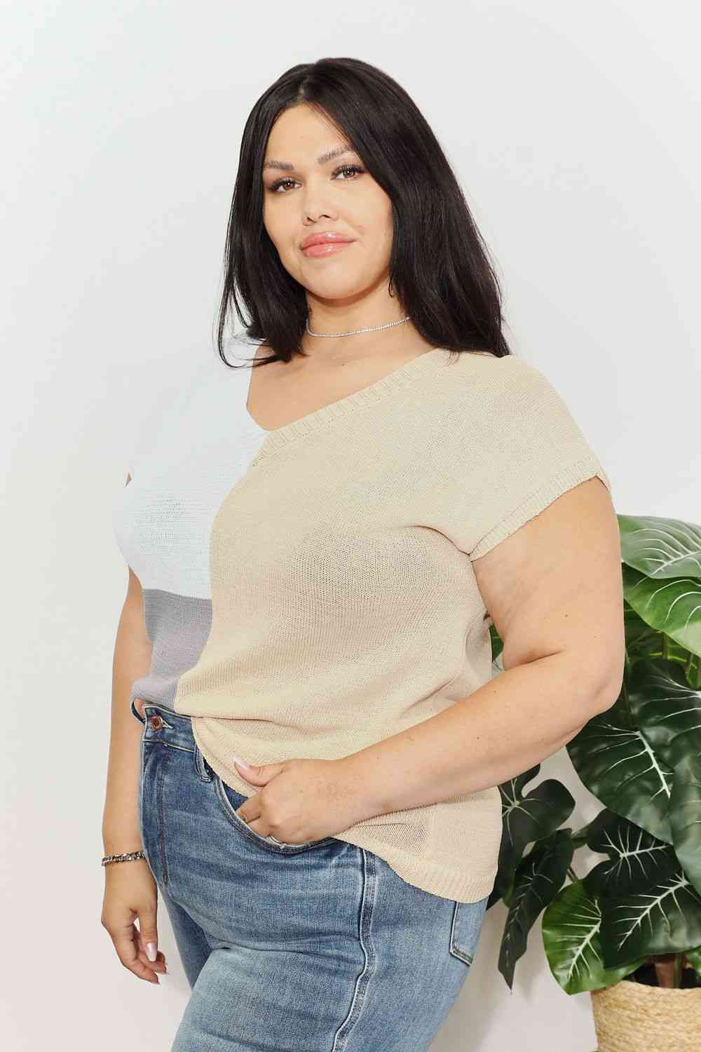 Double Take Color Block V-Neck Knit Top - AllIn Computer
