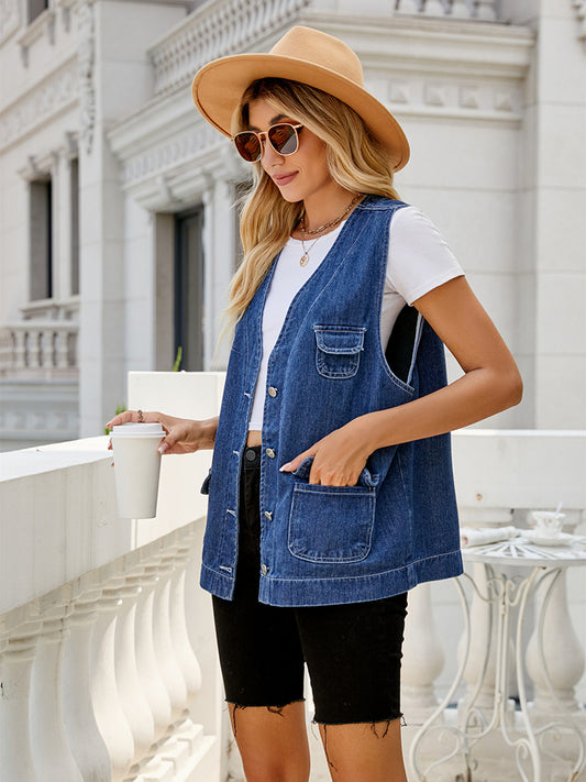 Button Down Denim Vest - AllIn Computer