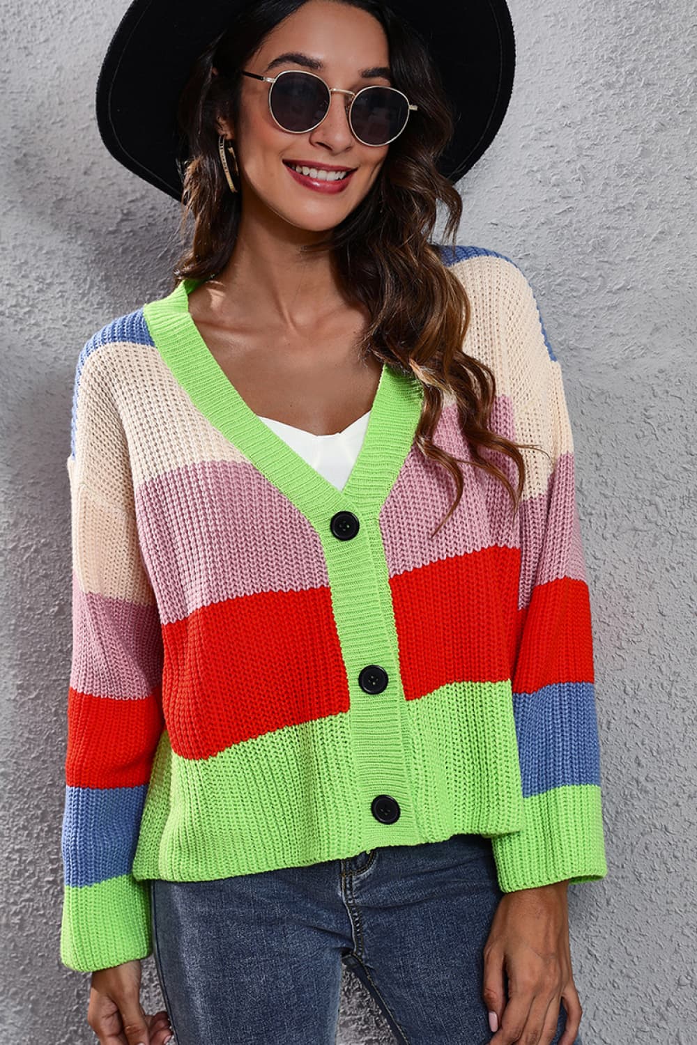 Color Block Button-Down Dropped Shoulder Cardigan - AllIn Computer