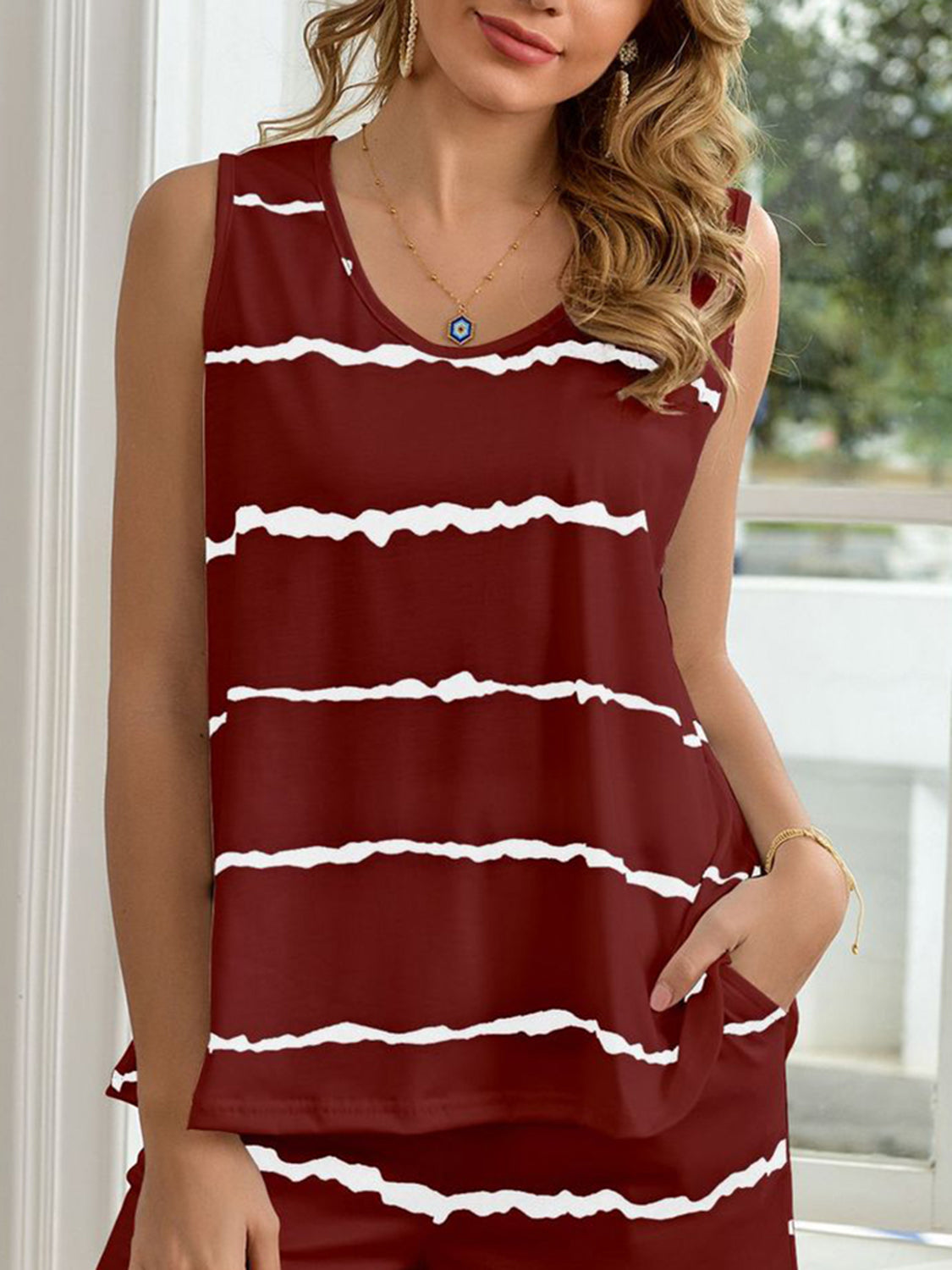 Striped Round Neck Tank and Shorts Lounge Set - AllIn Computer