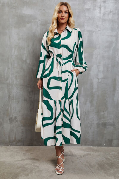 Tie-Waist Printed Button Up Dress - AllIn Computer