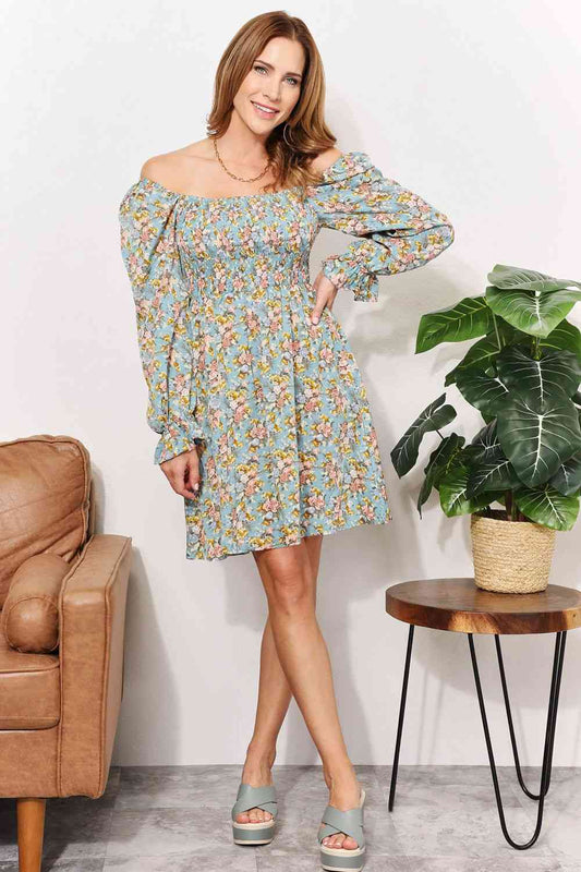 Double Take Floral Smocked Flounce Sleeve Square Neck Dress - AllIn Computer