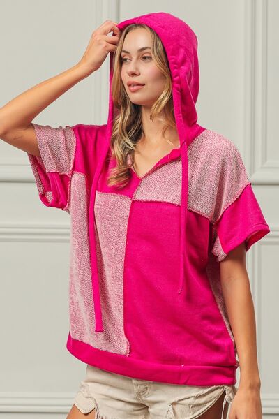 BiBi Color Block Exposed Seam Short Sleeve Hooded Top - AllIn Computer