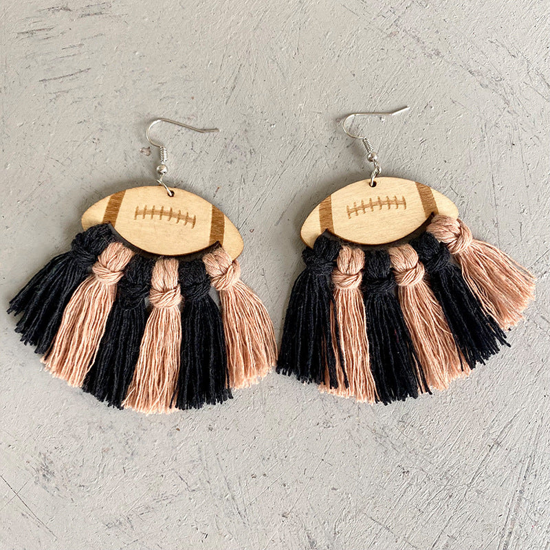 Fringe Detail Football Shape Wooden Dangle Earrings - AllIn Computer