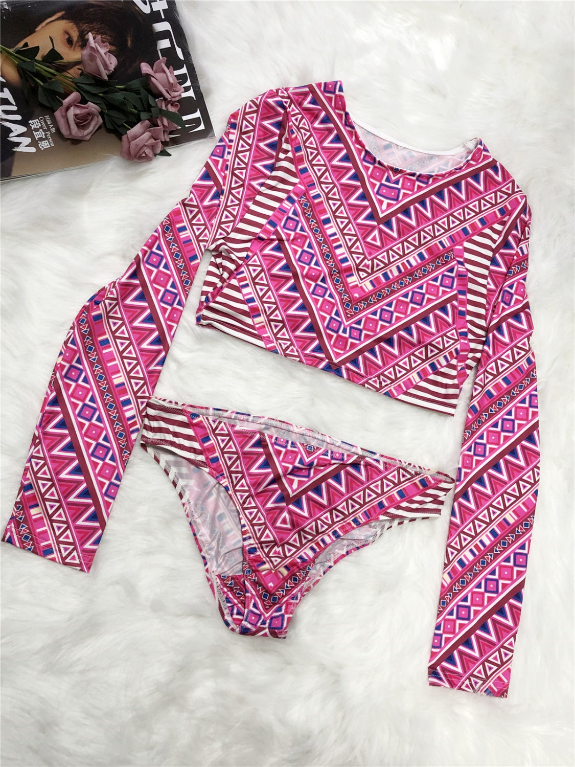 Printed Long Sleeve Top and Brief Swim Set - AllIn Computer