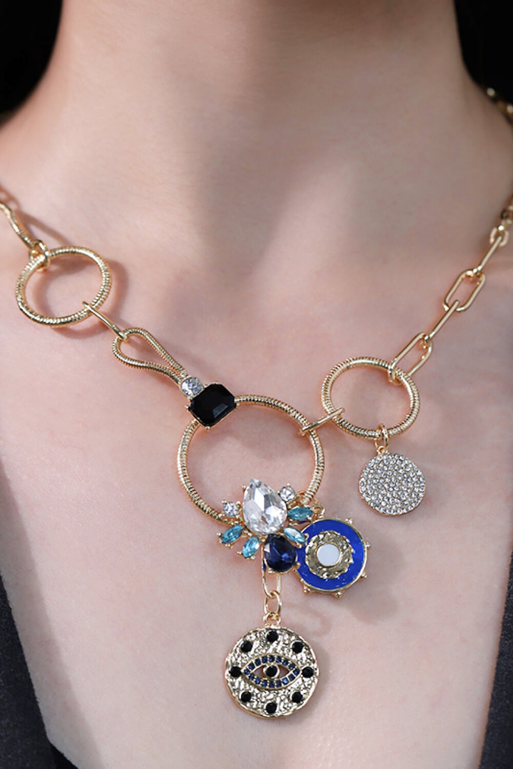 5-Pieces 18K Gold-Plated Rhinestone Evil Eye Pendant Necklace - AllIn Computer