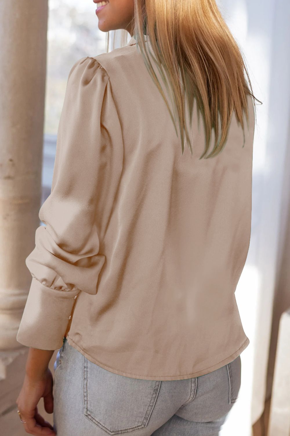 Double Take Lapel Collar Buttoned Puff Sleeve Shirt - AllIn Computer