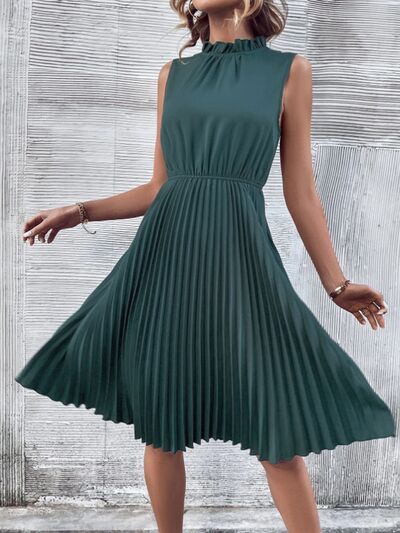 Pleated Frill Mock Neck Sleeveless Dress - AllIn Computer