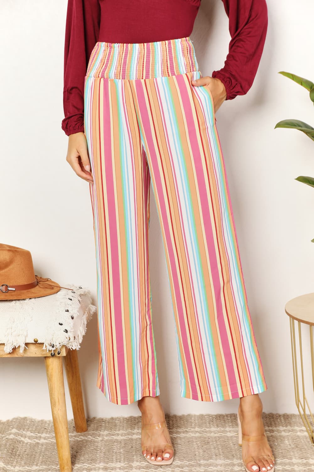 Double Take Striped Smocked Waist Pants with Pockets - AllIn Computer