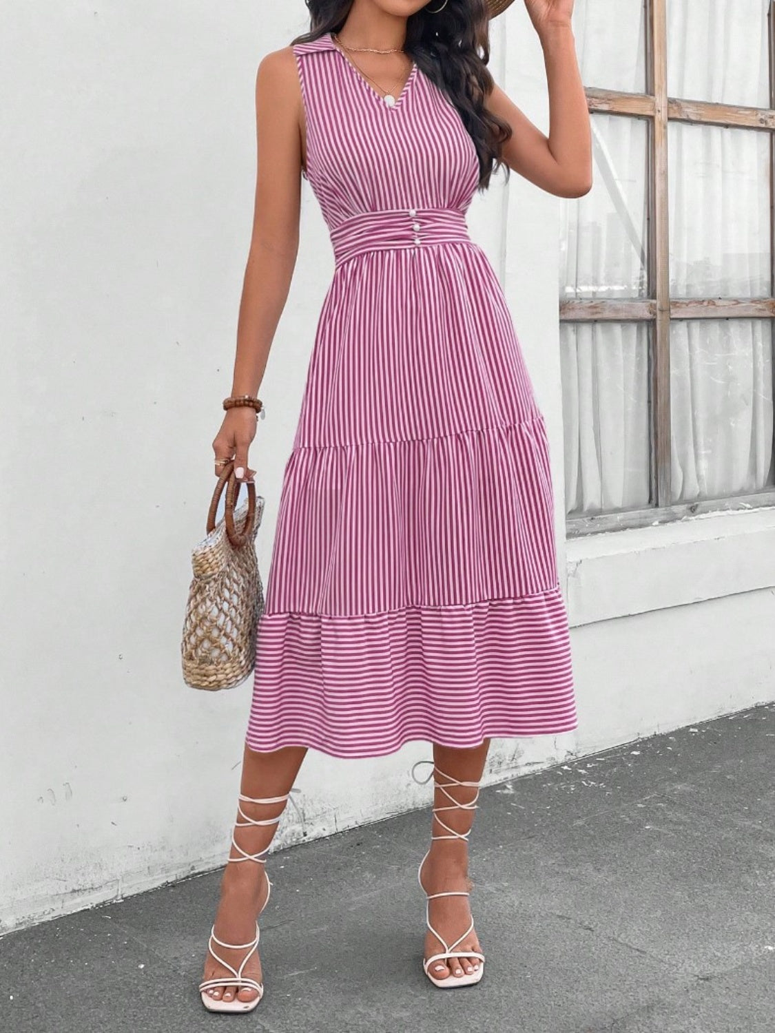 Striped Johnny Collar Sleeveless Midi Dress - AllIn Computer
