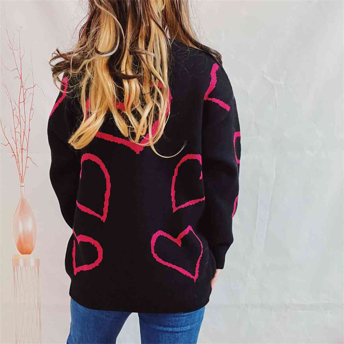 Heart Pattern Long Sleeve Sweater - AllIn Computer