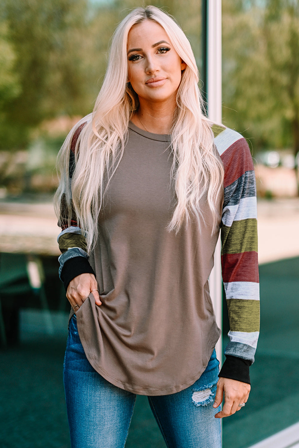 Double Take Color Block Curved Hem Long Sleeve Tee - AllIn Computer