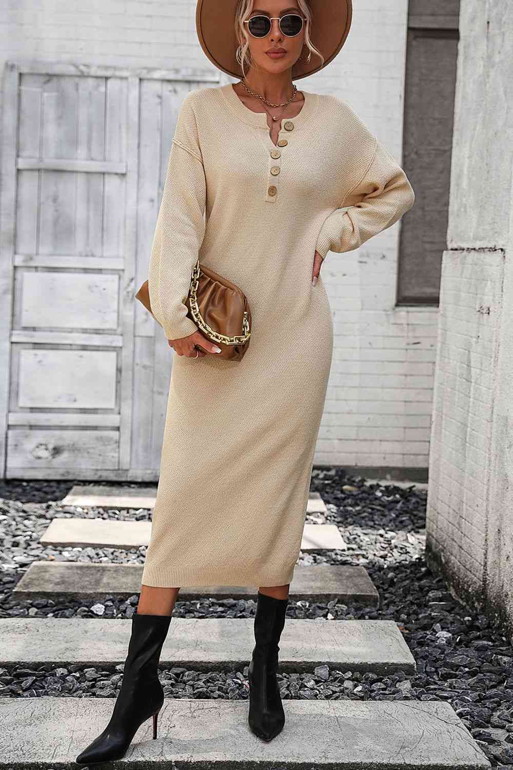 Notched Neck Dropped Shoulder Button-Down Midi Dress - AllIn Computer