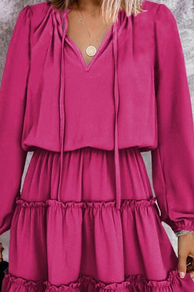 Frill Tie Neck Balloon Sleeve Dress - AllIn Computer