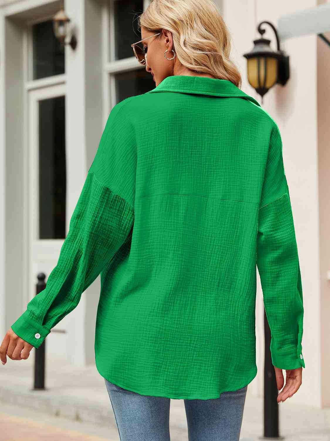 Button Up Collared Neck Drop Shoulder Shirt - AllIn Computer