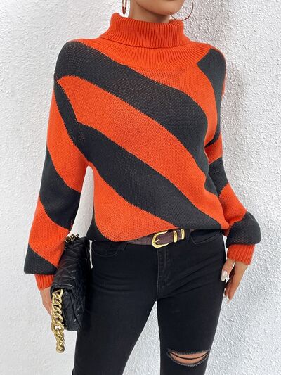 Striped Turtleneck Dropped Shoulder Sweater - AllIn Computer
