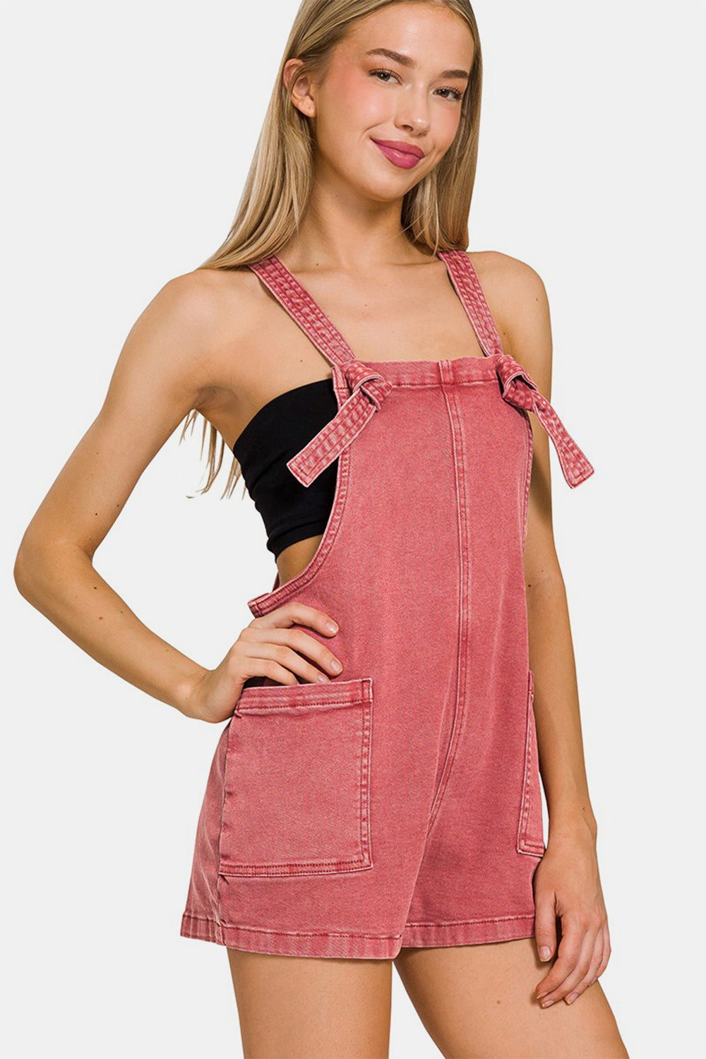 Zenana Washed Knot Strap Rompers - AllIn Computer