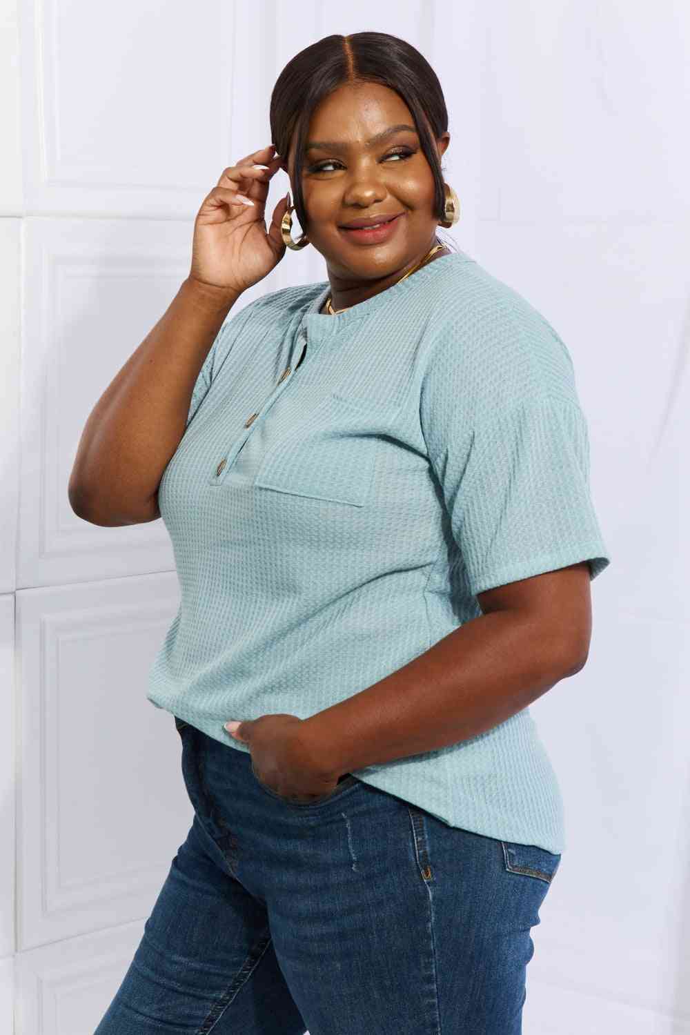 Heimish Made For You Full Size 1/4 Button Down Waffle Top in Blue - AllIn Computer