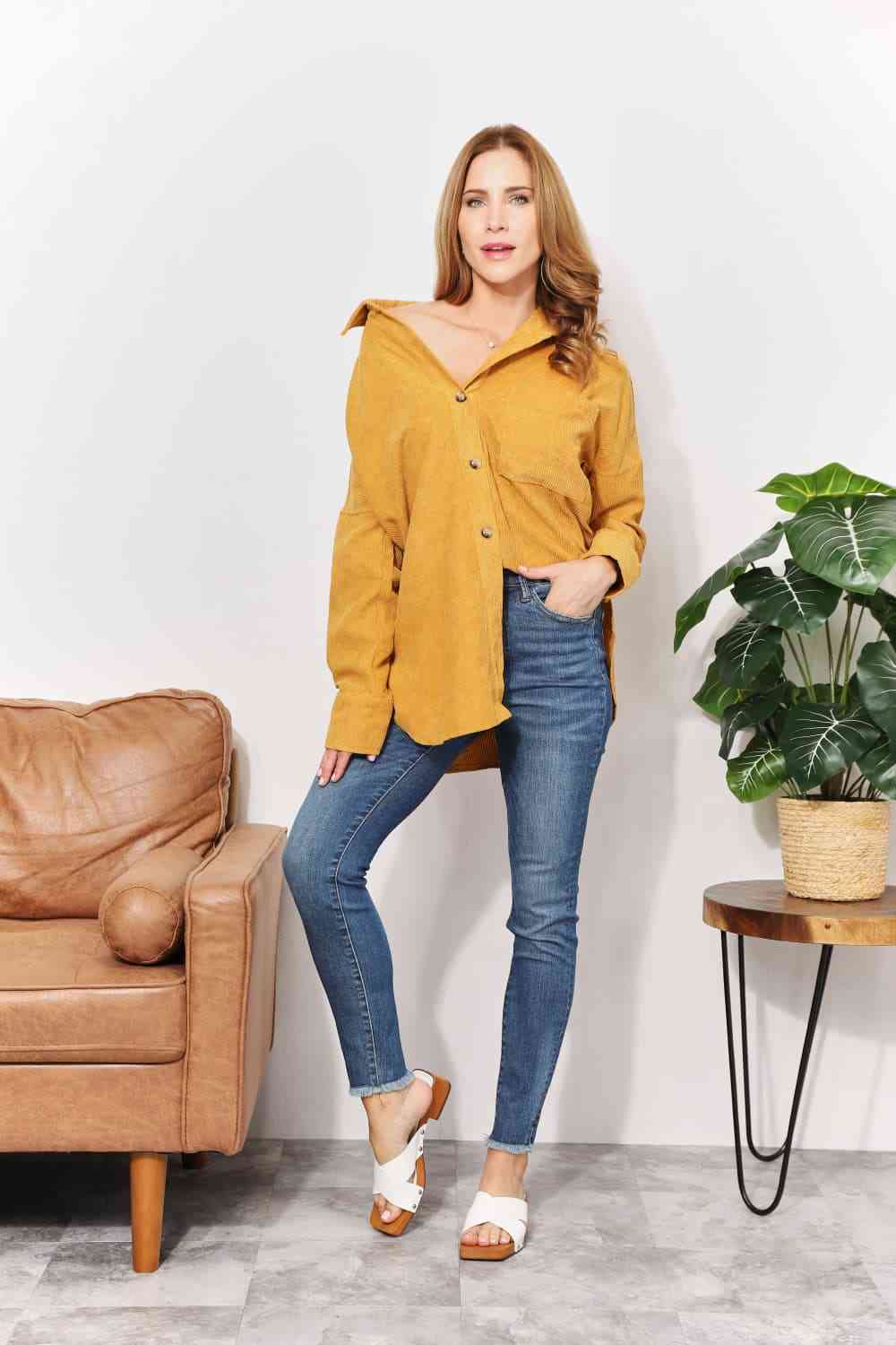HEYSON Full Size Oversized Corduroy  Button-Down Tunic Shirt with Bust Pocket - AllIn Computer