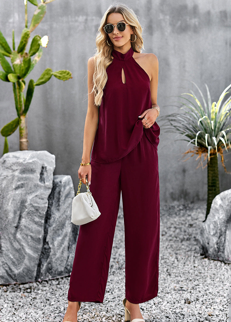 Halter Neck Top and Straight Leg Pants Set - AllIn Computer