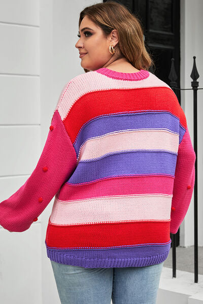 Plus Size Color Block Pom-Pom Trim Sweater - AllIn Computer