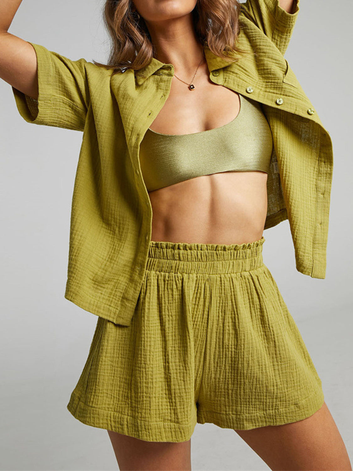 Texture Button Up Shirt and Shorts Set - AllIn Computer