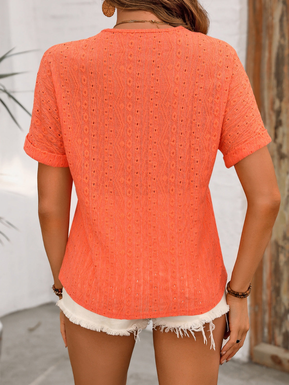 Eyelet V-Neck Short Sleeve Top - AllIn Computer