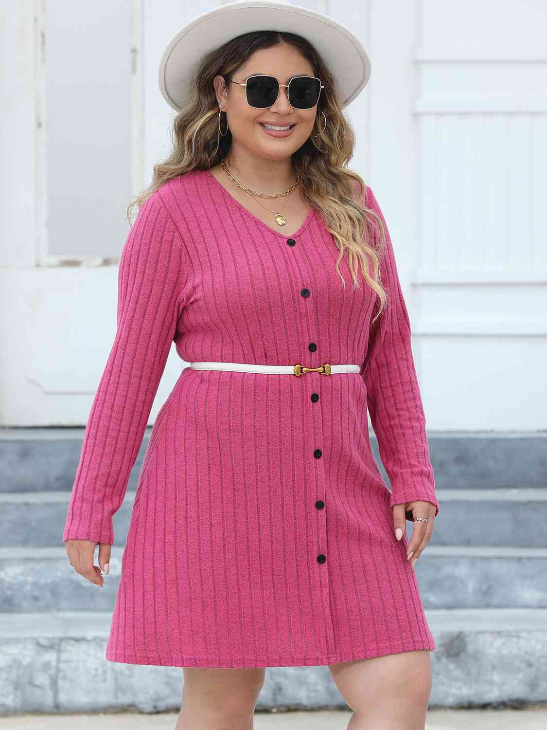 Plus Size Ribbed Buttoned V-Neck Long Sleeve Dress - AllIn Computer