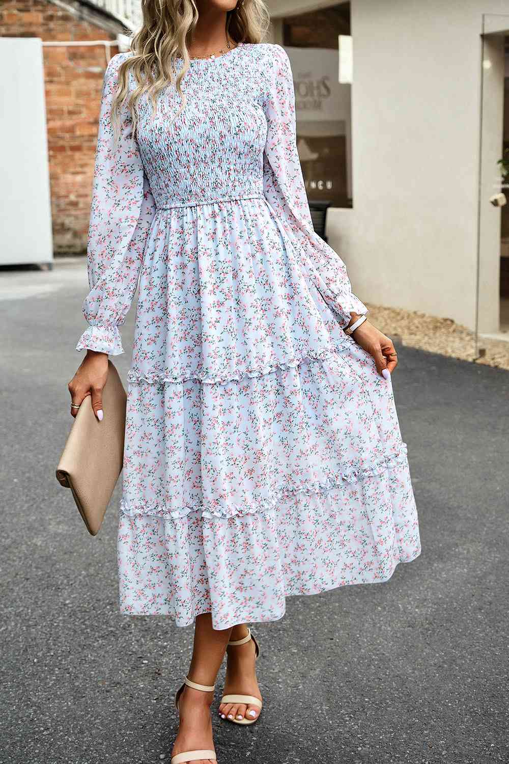 Smocked Flounce Sleeve Midi Dress - AllIn Computer
