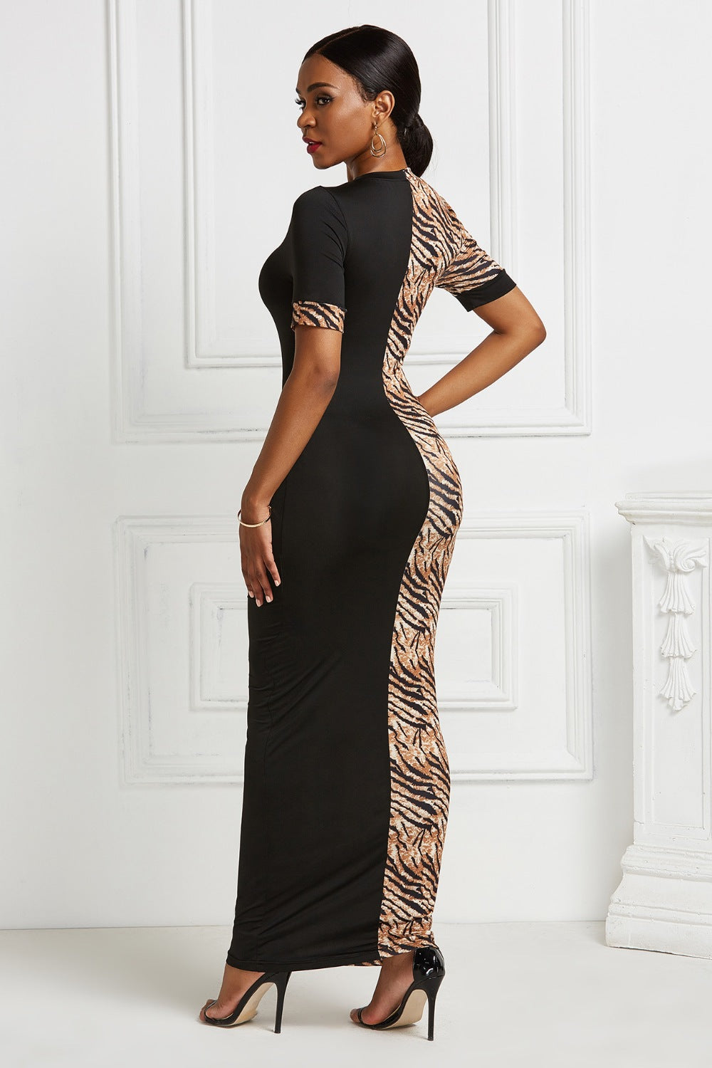 Two-Tone Round Neck Short Sleeve Maxi Dress - AllIn Computer