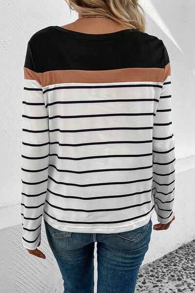 Striped Round Neck Long Sleeve T-Shirt - AllIn Computer