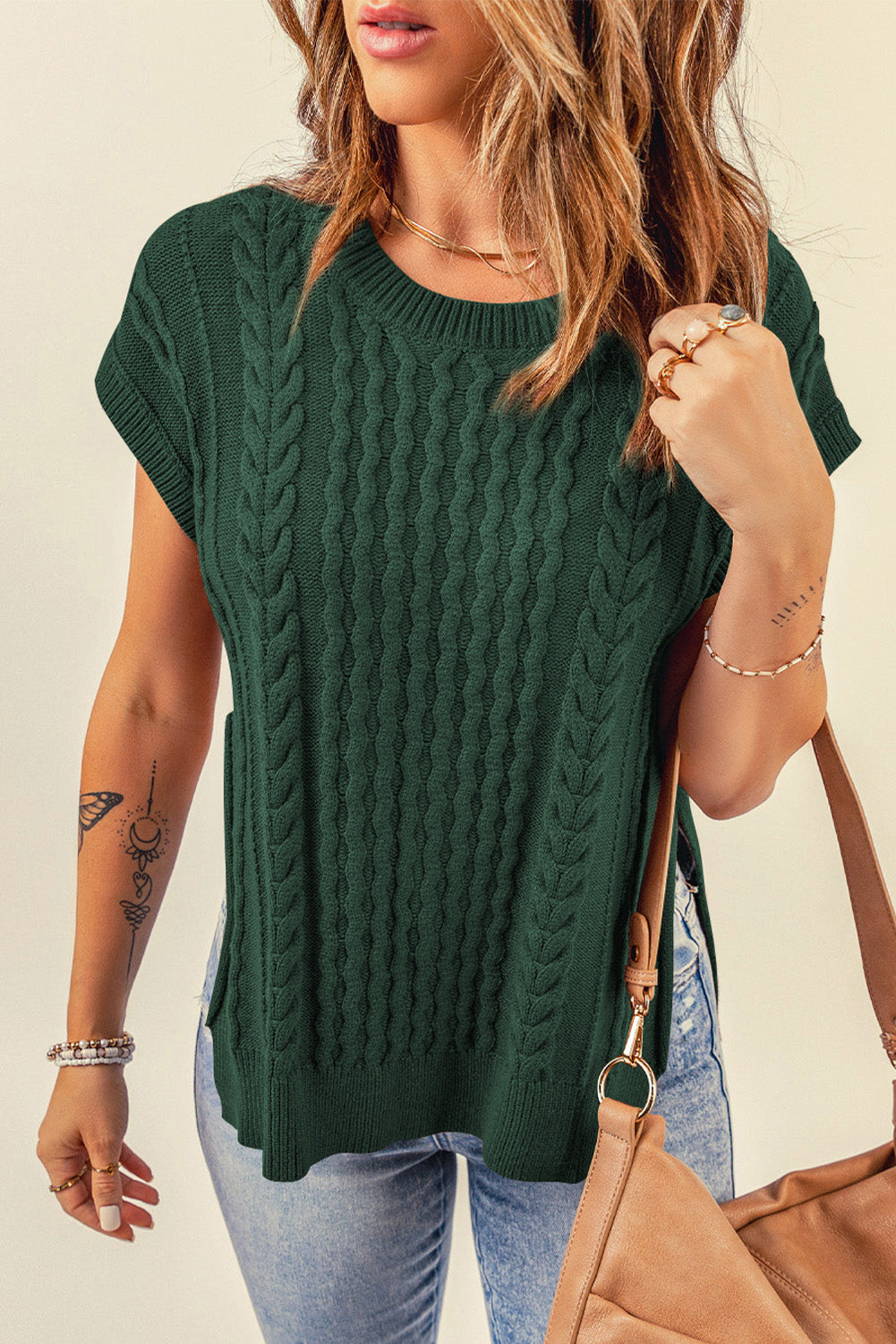 Cable-Knit Side Slit Sweater Vest - AllIn Computer