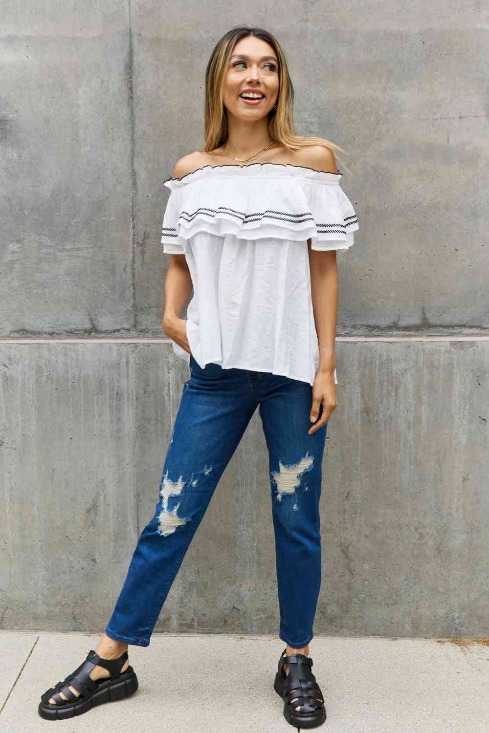 ODDI Full Size Off The Shoulder Ruffle Blouse - AllIn Computer