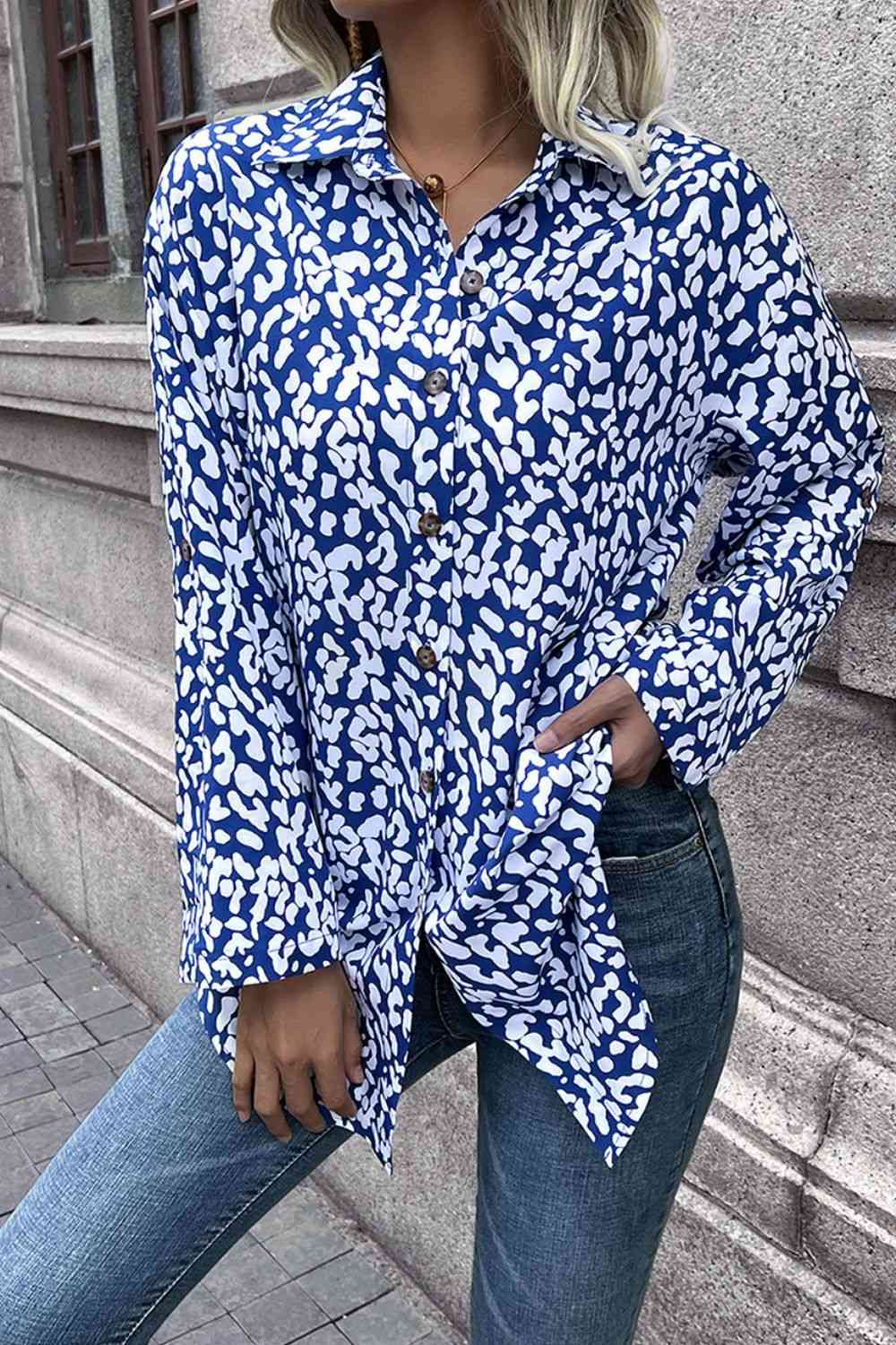 Double Take Leopard Roll-Tap Sleeve Shirt - AllIn Computer