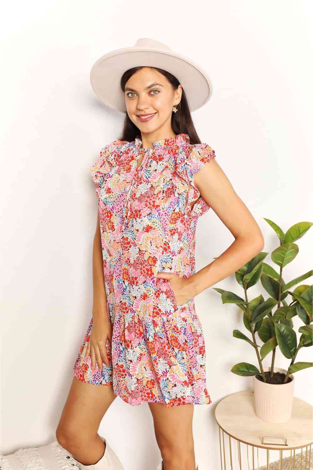 Double Take Floral Tie Neck Cap Sleeve Dress - AllIn Computer