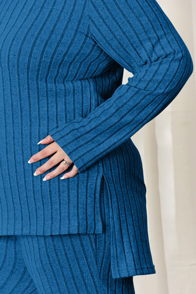 Basic Bae Full Size Ribbed High-Low Top and Wide Leg Pants Set - AllIn Computer